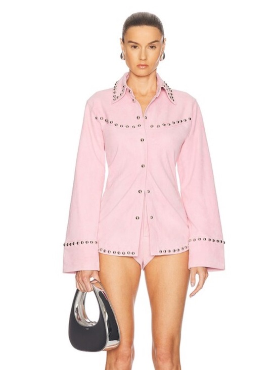 Retrofete Palmira Suede Shirt Studded Pink Button-Up jacket FWRD $898 NWT M - Picture 4 of 14
